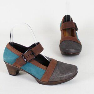Naot Dashing Grey Teal Brown Leather Mary Jane Pumps
